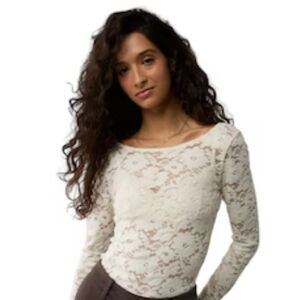 American Eagle Lace Long Sleeve Bodysuit L Cream Sheer Stretch Snap Closures NWT